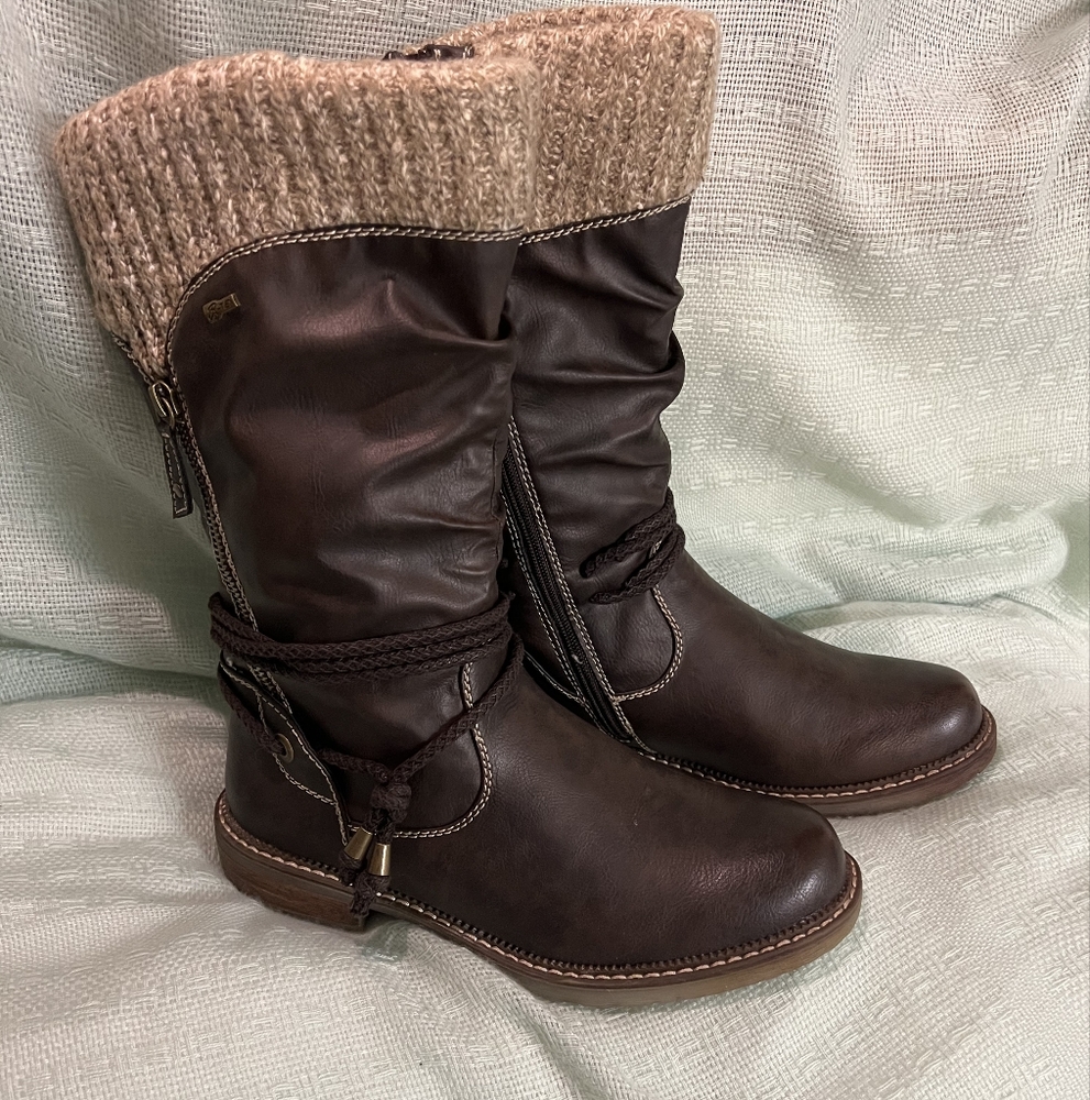 Brown Leather Boots with Knit Cuff
